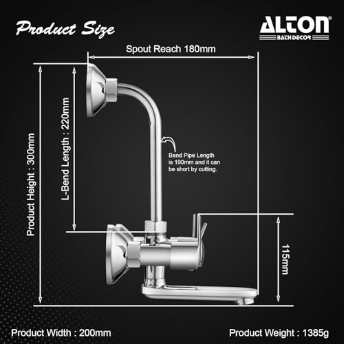 Image of ALTON XNO5085 Brass Wall Mixer With Provision For Over Head Shower and 190mm Long Bend Pipe (Chrome)