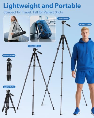 Image of 75 inch Camera Tripod, Heavy Duty Aluminum Camera Stand for ipad Phone, Travel Tripod with Remote /Carry Bag /Phone Tablet Holder, Compatible with DSLR, Spotting Scopes, Max Load 15 Lb(Grey)
