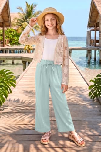 Image of Girls Summer Floral Wide Leg Pants High Waisted Flowy Dress Trousers with Pockets for School Lounge Beach 5-14 Years