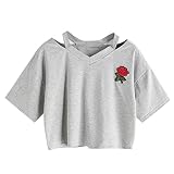 Hansee Damen Sweatshirt T-Shirt, Mode T-Shirt Rose Blumen Gedruckt Shirt Bluse Damen Sweatshirt V-Ausschnitt Weste Oberseiten Bluse (S, Grau)