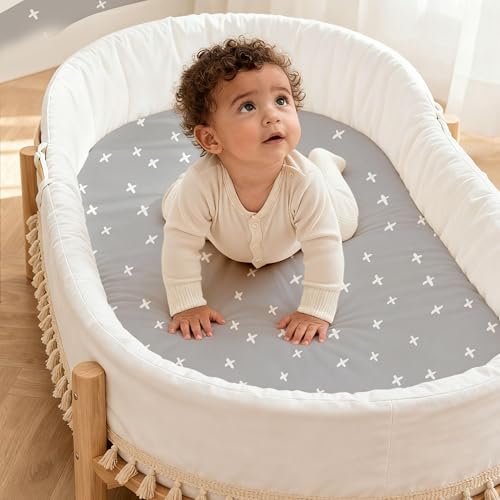 Image of 3 Pack Baby Bassinet Sheets for Baby Boy Girl, 32 inch x 16 inch Bassinet Mattress Sheets, Compatible with Round, Oval, Hourglass, Rectangle Mattress, Fitted Bassinet Sheets (Grey Animals)