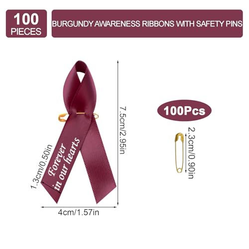 WANDIC 100pcs Burgundy Ribbon Pins Multiple Myeloma Awareness Badges Sickle Cell Anemia Brooch Memorial Ribbon Badges in Forever in Our Hearts for Funeral Mourning Event Bereavement Remembrance - Image 2