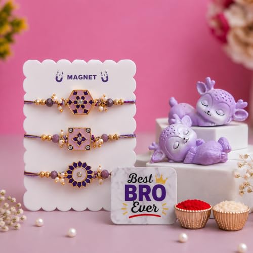 Image of eCraftIndia Designer Rakhi Set of 3 for Brother with Best Bro Ever Fridge Magnet & Cute Deer Showpieces | Premium Beaded Fancy Rakhi Combo | Raksha Bandhan Gift Set for Bhai
