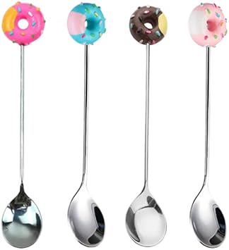 Stainless Steel Stirring Spoons, Cute Doughnut Coffee Spoon for Ice Cream Tea Sugar, Mini Donut Dessert Stirrers Mixing Teaspoons for Tableware Kitchen Tools 4 Pack