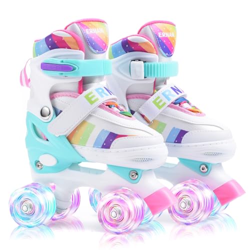 ERNAN Kids Roller Skates,Girls Roller Skates,4 Size Adjustable with Light up Wheels for for Beginner Kids Girls & Boys (Rainbow, S)