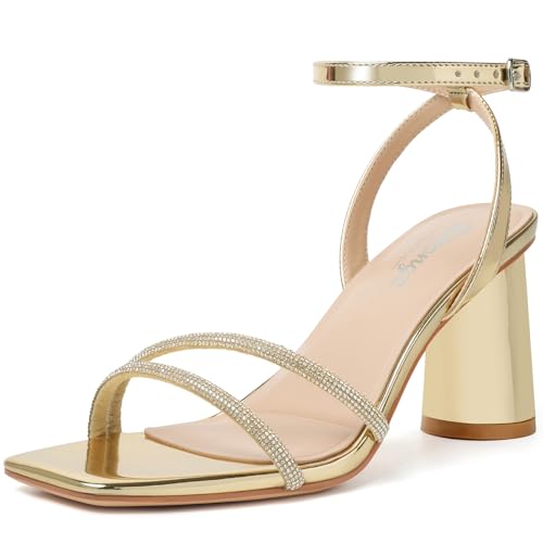 Image of RIBONGZ Block Heels Prom Heeled Sandals for Women Chunky Square Open Toe Strappy High Heels Ankle Strap Wedding Bridal Shoes High Heel Sandals for Party Dress