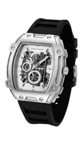 Image of Tonneau Skeleton Automatic Watch for Men - Stainless Steel Case, Mechanical Dial & Premium Black Silicon Strap