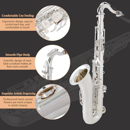 eastrock nickel tenor saxophone b flat tenor sax professional tenor saxophone for beginners students kids and musicians with carrying casemouthpiecereedscushion padscleaning kitneck strap