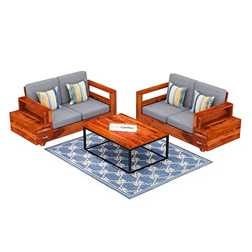 Image of Sheesham Wood 4 Seater Sofa Set with 2 Drawer Storage | 2+2 Wooden Sofa Set Furniture for Living Room Home Office (Honey Finish)