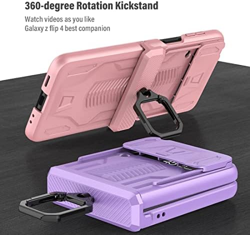 Z Flip 4 Case, KumWum Phone Case for Samsung Galaxy Z Flip 4 Heavy Duty Protective with Slide Camera Lens Cover & 360° Rotate Ring Holder Hinge Protection for Galaxy Z Flip 4 - Purple