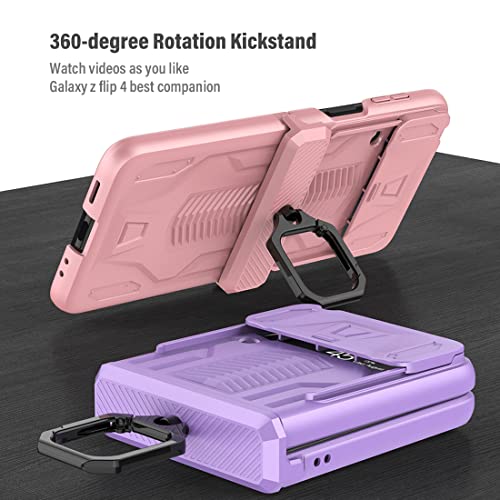 Kumwum Z Flip 4 Case, Phone Case For Samsung Galaxy Z Flip 4 Heavy Duty Protective With Slide Camera Lens Cover & 360° Rotate Ring Holder Hinge Protection For Galaxy Z Flip 4 - Purple #TOP3