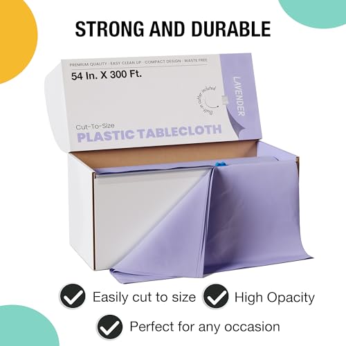 Image of Party Solids Lavender Plastic Table Cover Roll, 54 inch x 300 Ft Heavy Duty Disposable Tablecloth Roll with Slide Cutter, Cuts Up to 36 Rectangle 8 Ft Lilac Table Cloths for Party, Wedding, Banquet