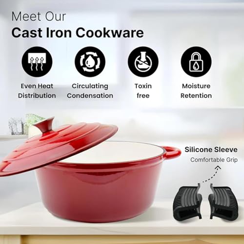 Image of Enamel Coated Induction Base Hard Anodised Non Stick Cast Iron Dutch Oven with Lid & Handles | Cook & Serve Dutch Oven Cast Iron Handi for Cooking | Ombre - Red