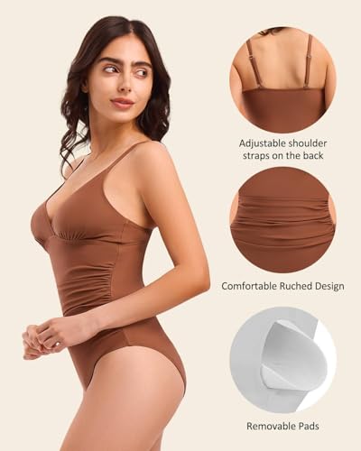 Women's One Piece Swimsuit Slimming Tummy Control Bathing Suit High Waist High Cut Ruched V Neck Vintage Swimwear4