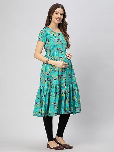 Image of CEE 18 Women's Cotton Rayon A-Line Maternity Feeding Kurti with Zippers (10007) (M, Simplistic Green)
