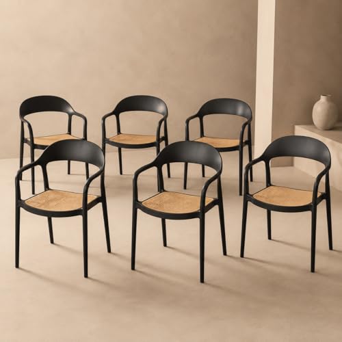 Image of Rattan Style Outdoor Chair | Set of 6 Black Plastic Arm Chair for Garden, Balcony, Patio & Cafe | Lightweight Weather Resistant Seating | 3 Year Manufacturing Warranty