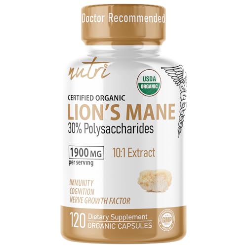Nutri Organic Lions Mane Supplement Capsules - 1900 mg, 10:1 Dual Extraction, 120 Count - Certified Organic Mushroom Extract (Fruiting Body) - Third Party Tested - Cognitive Support, Heart Health