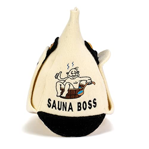 Natural Textile Gorro de Sauna 'Sauna Boss Bucket' Blanc - Sombreros de Lana 100% Orgánica - Protección capilar del calor - Incluye guía eBook de saunas en inglés - Bordados