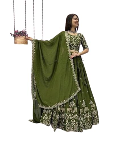 Image of Suppar Sleave Women's Embroidered Vichitra Silk Lehenga Choli Dupatta Set Semi-Stitched Blouse and Fit & Flare Style
