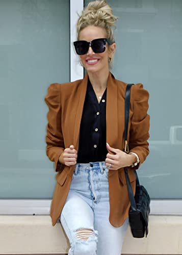 Kirundo Women's 2023 Casual Blazers Puff Sleeve Lapel Open Front Work Suit Office Blazer Jackets With Pockets(Brown, Medium) #TOP3