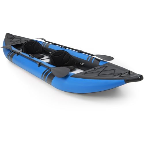 SPORFIT Inflatable Kayak, 12.5 Ft Tandem Kayak with Drop-Stitch Floor, Aluminum Paddles, Padded Seats & Accessories, 2 Person Canoe, Portable Fishing Kayaks for Adults, 507 lbs Capacity (Blue)