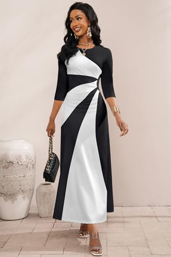 Runwind Maxi Dress for Women with Ruched Waist - Semi-Formal 3/4 Sleeve Crew Neck Long Dresses for Wedding Guest & Church4