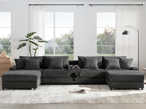 Image of Merax 6 Seater Corduroy Sectional Modular Couch Sofa w /Bluetooth Speakers, U Shaped Deep Seat Cloud Comfy Couches Sofa w /Console, USB Charger, Cup Holders, Storage, Ottoman Chaise for Living Room