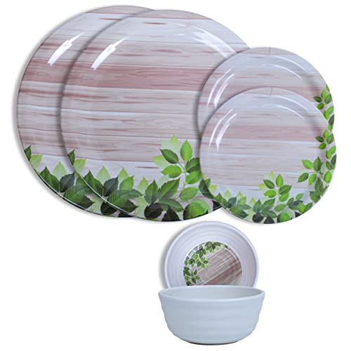 Greenland Pack of 08 White and Leaf Premium Melamine Dinner Set – Plates and Bowls Dinner Set – Full Plates Small Plates with katoris (White-Leaf Design) (Green – 2-2-4)