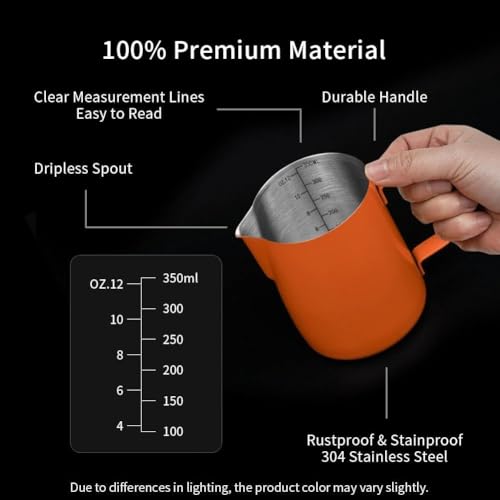 Image of watchget 12oz Milk Frothing Pitcher Stainless Steel Espresso Steaming Jug | Clear Internal Scale, Milk Coffee Cappuccino Latte Art Barista Steam Pitchers,Barista Coffee Bar Accessories, 350ml, Orange