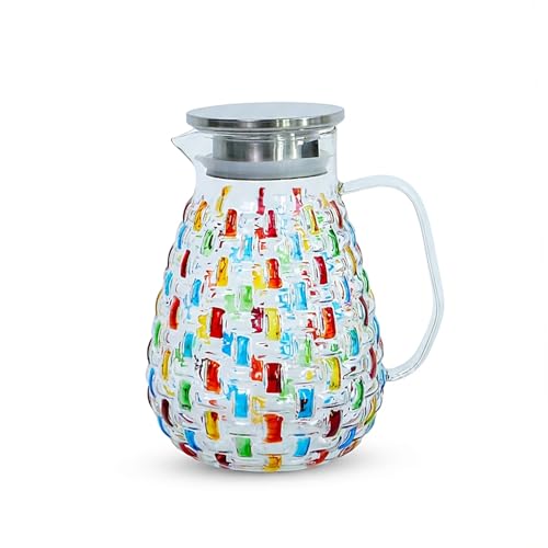 Brocca dipinta a mano in cristallo colorato con coperchio in acciaio inossidabile - Design colorato a tessitura, caraffa per acqua, brocca per tè freddo, brocca per acqua calda/fredda, caraffa per