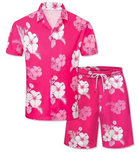 Boys Hawaiian Outfits Casual Cuban Collar Short Sleeve Shirts and Shorts Hawaiian Suits Beach Tropical 2 Pcs Vacation Sets,Flower Hot Pink,7-8 Years