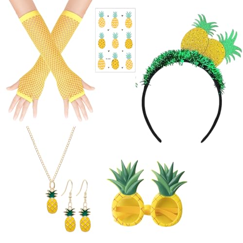 ZYLOUY 6 Stück Ananas Kostüm Damen mit Haarreif Sonnenbrille Ohrringe Halskette Handschuhe und Tattoos Hawaii Outfit mit Ananas Accessoires Obst Kostüm Erwachsene für Karneval und Partys