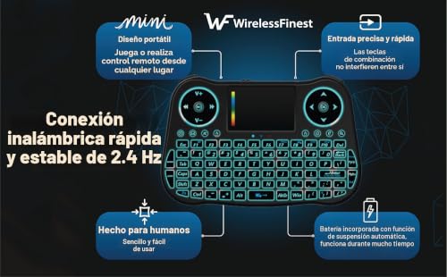 Mini teclado inalámbrico con touchpad integrado y luces RGB para Smart TV, PC y Android Box. 5