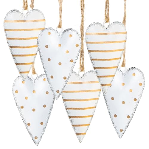 Corazones Decorativos Colgantes, Set de 12: Colgantes de Metal en Forma de corazón, decoración Primavera, para Boda, Verano, Bautizo, decoración de Ramas y Mesa, Blanco y Dorado, 7 cm