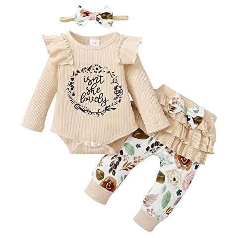 Baby Girl Clothes Newborn Girl Outfit Apricot Ruffle Long Sleeve Romper Bodysuit Floral Pants Set Infant Girl Clothes Fall Outfits 0-3 Months Cover