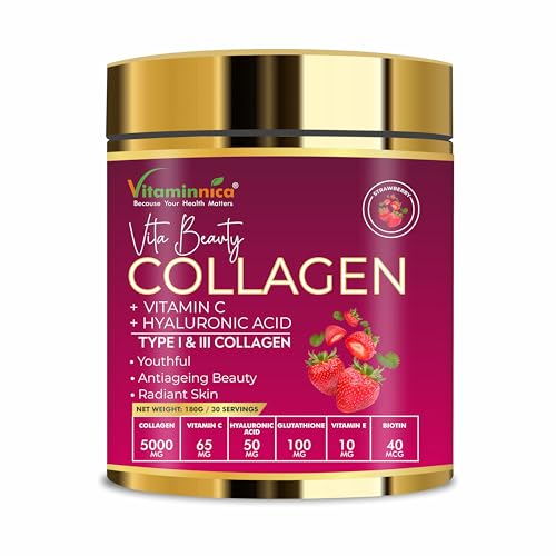 Vitaminnica Vita Beauty Collagen Powder | Type I & III Collagen with Hyaluronic Acid, Biotin, Zinc, & Vitamin C | Supports Skin, Hair, Nails & Joints | 30 Servings (Strawberry)