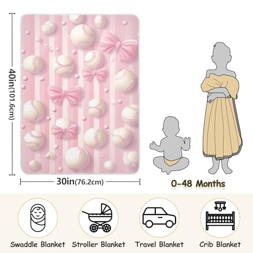 Image of Pink Ribbon Baseball(3) Baby Blanket Cotton Cozy Throw Blanket Warm Nursery Swaddle Receiving Toddler Blankets 30 inch x 40