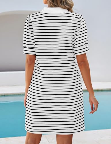 Image of ZESICA Womens Summer Striped T Shirt Mini Dresses 2026 Casual Lapel V Neck Short Sleeve Flowy A Line Beach Vacation Dress