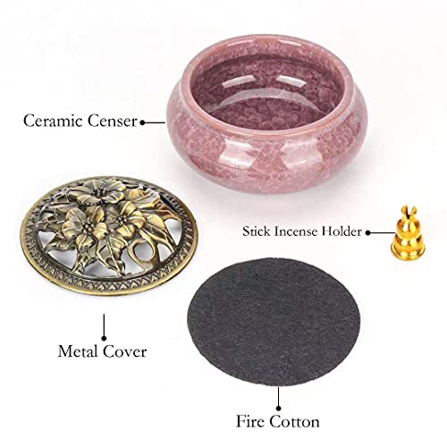 Bivinar Ceramic Incense Burner With Lid, Cone Incense Burner With Brass Incense Sticks Holder For Home Office Outdoor Yoga Aromatherapy Ornament (Pink) #TOP2