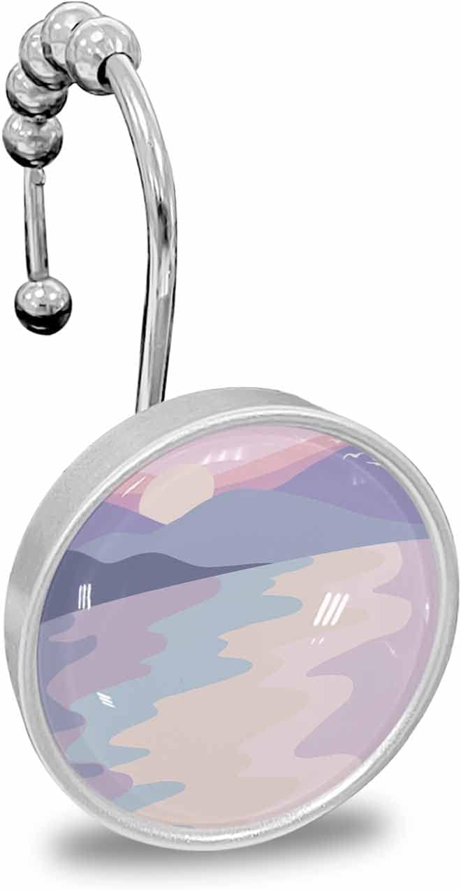 Shower Curtain Hooks,Stainless Steel Shower Curtain Rings with Sunset Mountain Beautiful Purple Scenery Abstract Painting Crystal Glass Design Anti-Rust Decorative Shower Curtain Hooks 12PCS