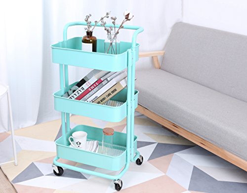 3-Tier Metal Mesh Storage Shelf Utility Rolling Cart with Removable Handle and Plug, Indoor or Outdoor Storage Organizer, Turquoise