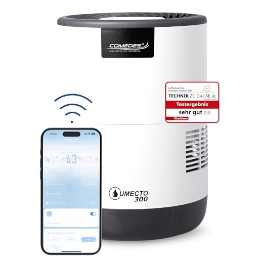 Comedes Luftbefeuchter Umecto 300 – Für Räume bis 45m², leise & energiesparend, 2,8L Tank, 300 ml/h Befeuchtungsleistung, 99,9% weniger Bakterien dank Kaltverdunstung, Schlafzimmer, Smart-Home fähig