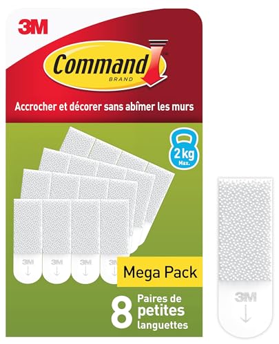 Command Languettes Accroches Tableaux Petit Modèle, Blanc - 8 x 2 Languettes - Fixation sans Dommage