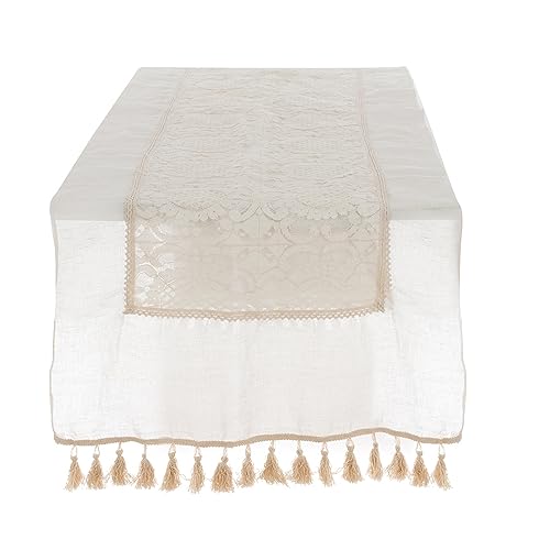 Blanc Mariclò Runner Da Cucina Tavolo In Misto Lino Ricamato Avorio Con Frange "Dentelle" 55×190 Cm