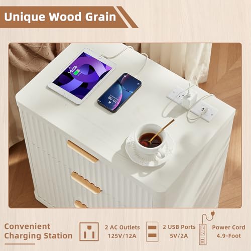 Image of LEYAOYAO 23 inch Wide Fluted Night Stand with Charging Station,3 Drawers Large End Table with Storage,White Nightstand Wood Bedside Tables, Farmhouse Cabinet Dresser for Bedroom,Closet
