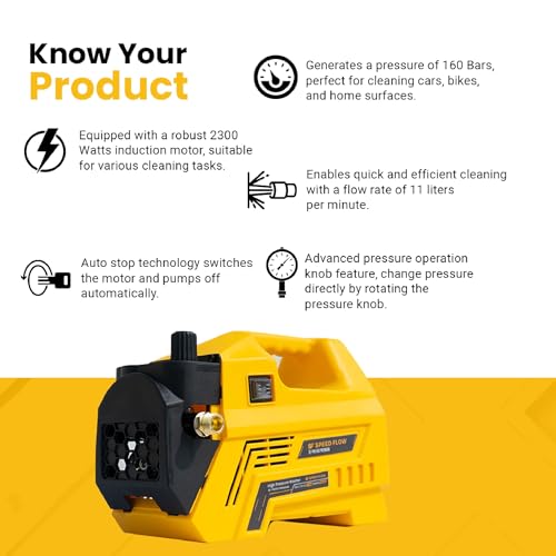 Image of SPEED FLOW High Pressure Washer SF-PW160 Premium, 2300W Motor, 160 Bar, 11LPM, 10m Hose, Adjustable Pressure, 1L Foam Bottle, Auto Stop, Low Noise, for Car, Bike & Home Cleaning