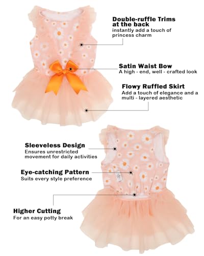 Image of CuteBone Cream Daisy Pet Dress for Small Dogs, Cats - Double-Layer Ruffled Skirt - Orange Satin Bow - Spring Daily, Garden Dress