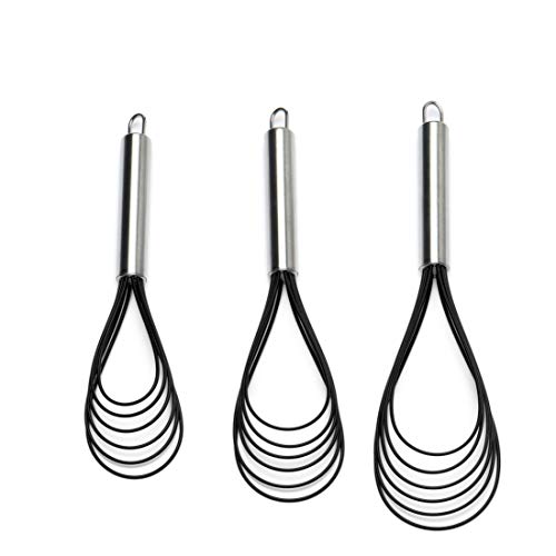 Flat Whisk Set,Stainless Steel 3 Pack 10''+11''+12'' Premium Sturdy-6 Silicone Heads Non Stick Wires Whisk for Blending Beating Stirring Kitchen Cooking by Jell-Cell (Black)