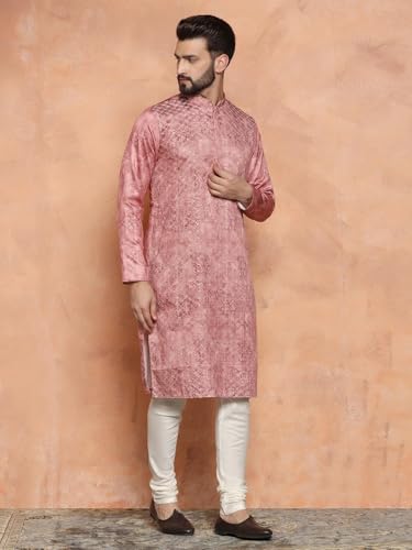 Image of KISAH Men's Navy Blue Printed Cotton Kurta - Regular Fit Long Tunic with Mandarin Collar | Ethnic Wear for Weddings & Festive Occasions
