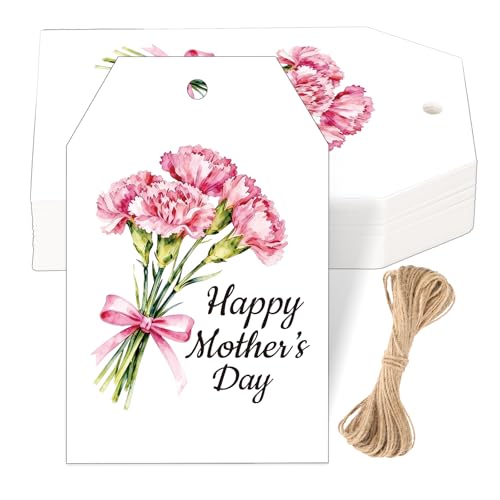 G2PLUS Mothers Day Gift Tags - 50Pcs Happy Mothers Day Tags with String Pink Carnation Bouquet Gift Tags Hanging Labels for Gift Wrapping Moms Birthday Party Favors